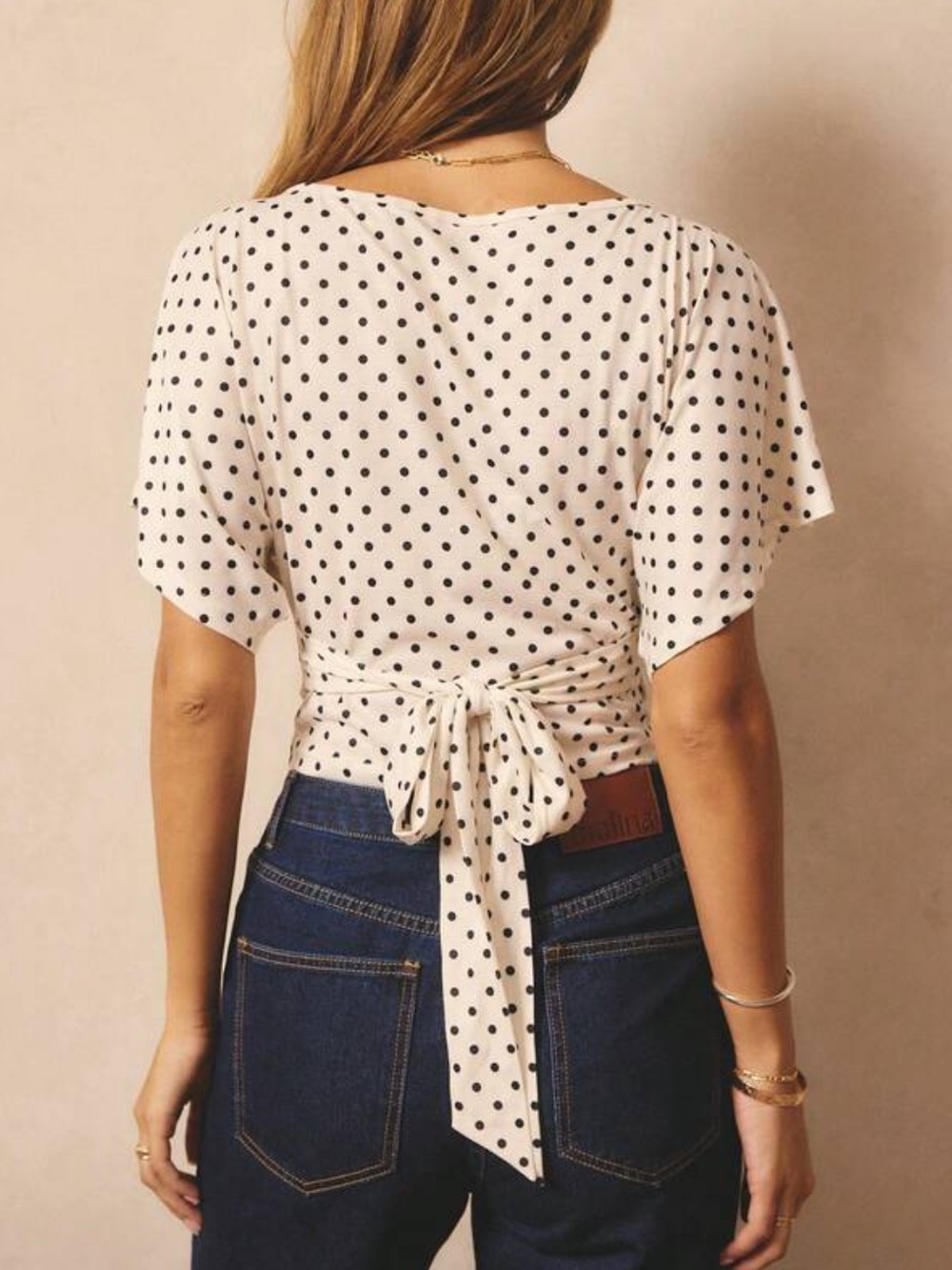 Polka Dot Tie-Front Women's Top - Black on Cream